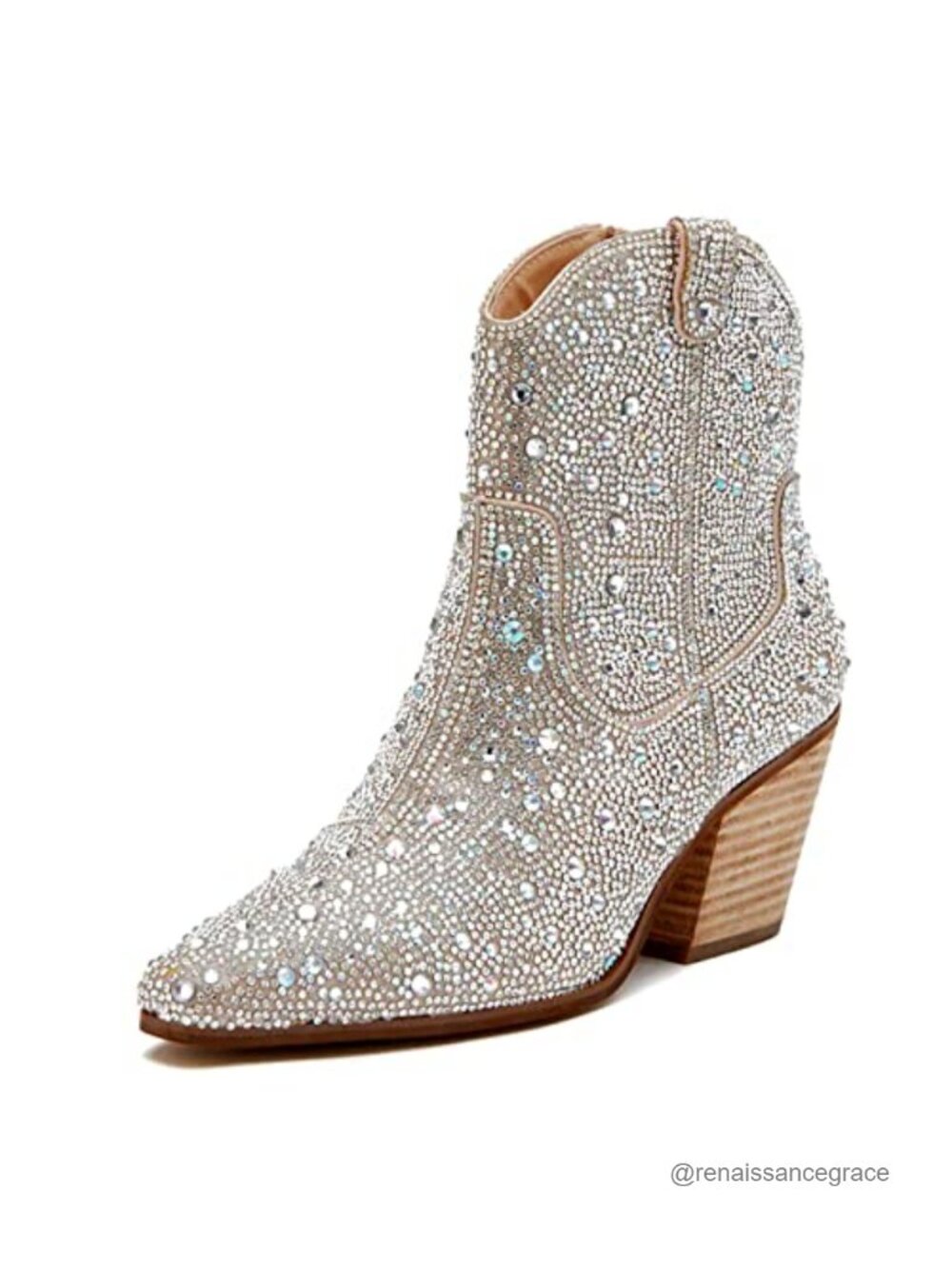 Rhinestone Cowgirl Ankle Booties Pointed Toe Chunky Heel Slip On Western Boots